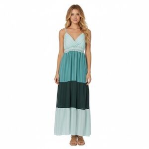 Slate & Willow Blue Teal Colorblock Tiered Maxi Dress